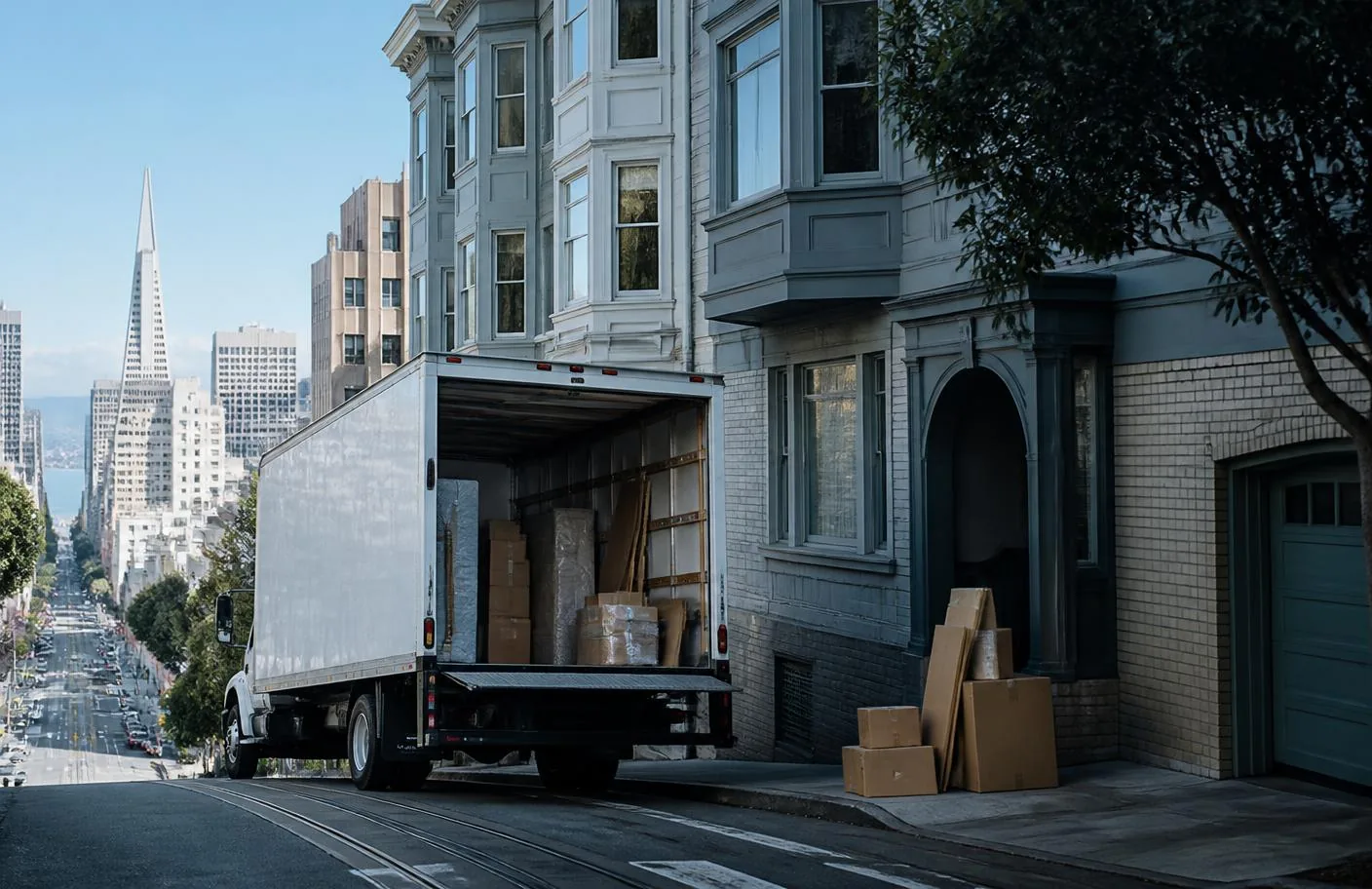 Moving truck positioned beside homes on a steep residential street