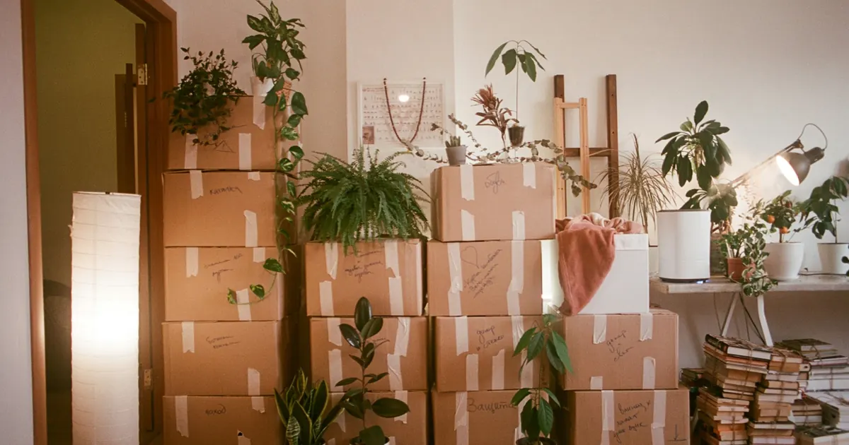Stacked cardboard moving boxes with handwritten labels next to house plants and a floor lamp