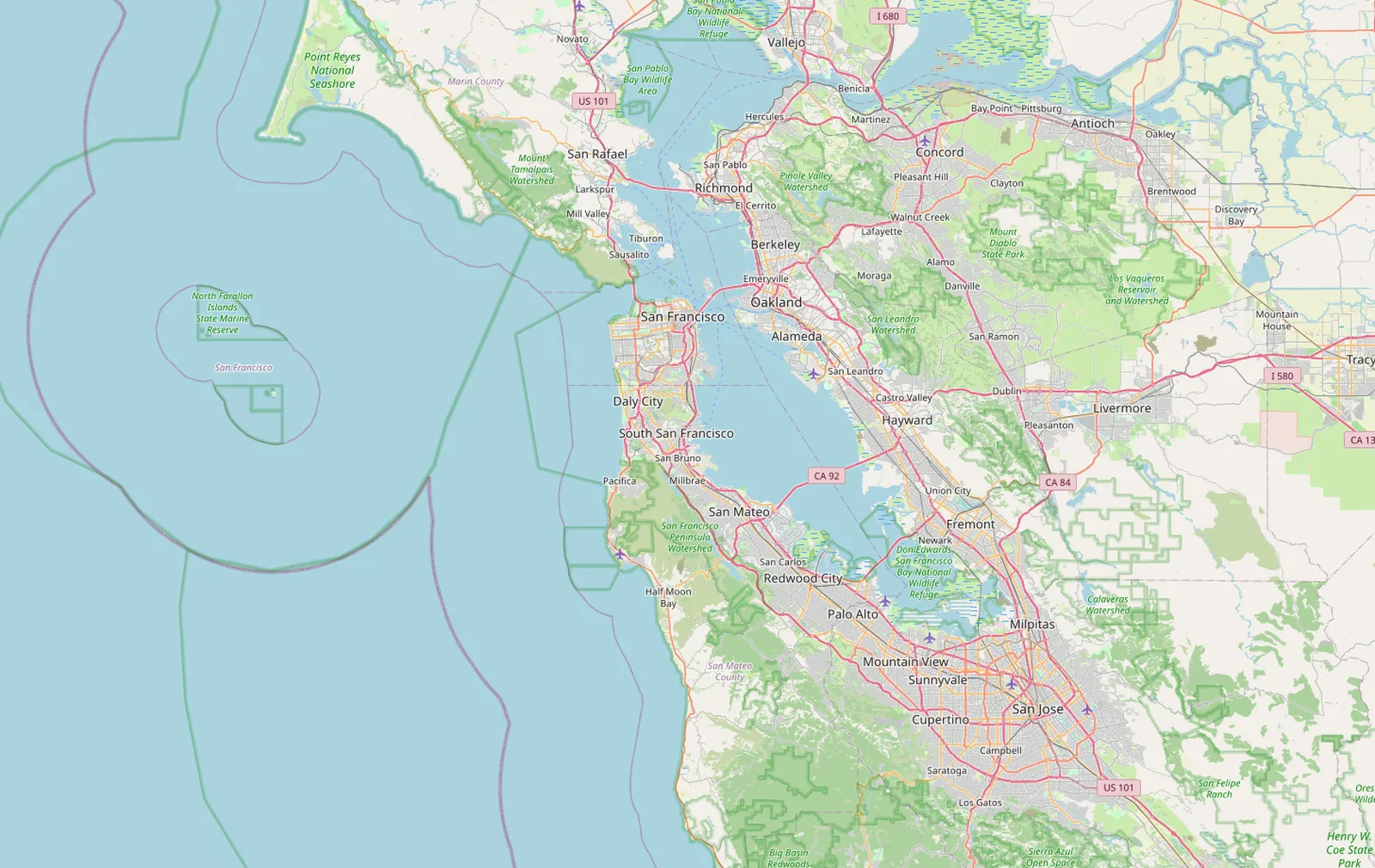 Map of the San Francisco Bay Area showing Marin, San Francisco, the Peninsula, and Silicon Valley