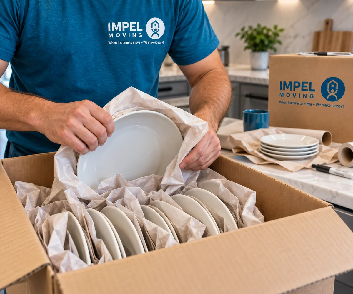 An Impel mover wrapping a plate in packing paper beside a carton of dishes packed on edge