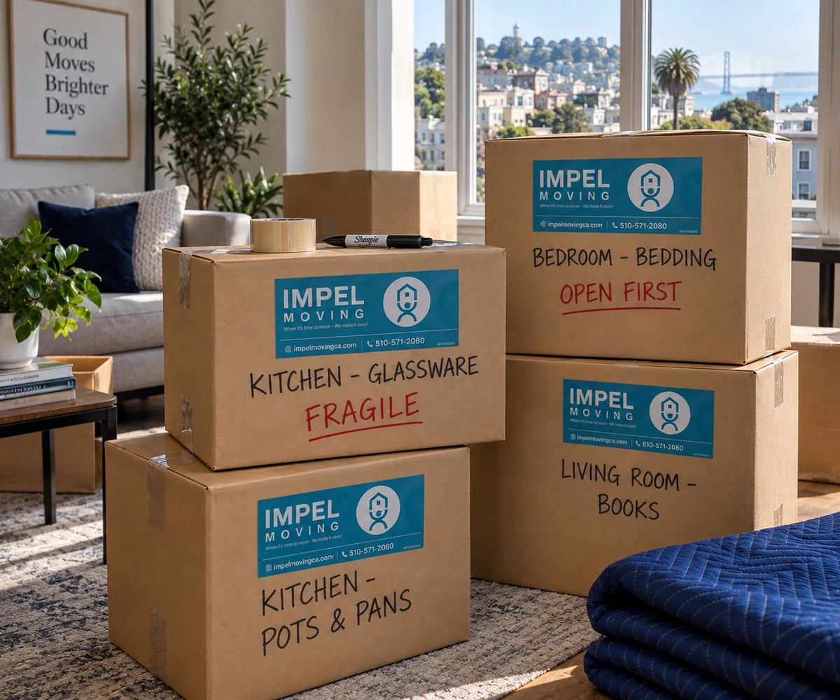 Labeled Impel Moving cartons stacked in a San Francisco apartment