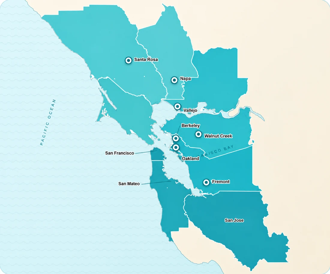 Map of the Bay Area counties Impel Moving serves, from Marin through the Peninsula to the South Bay.